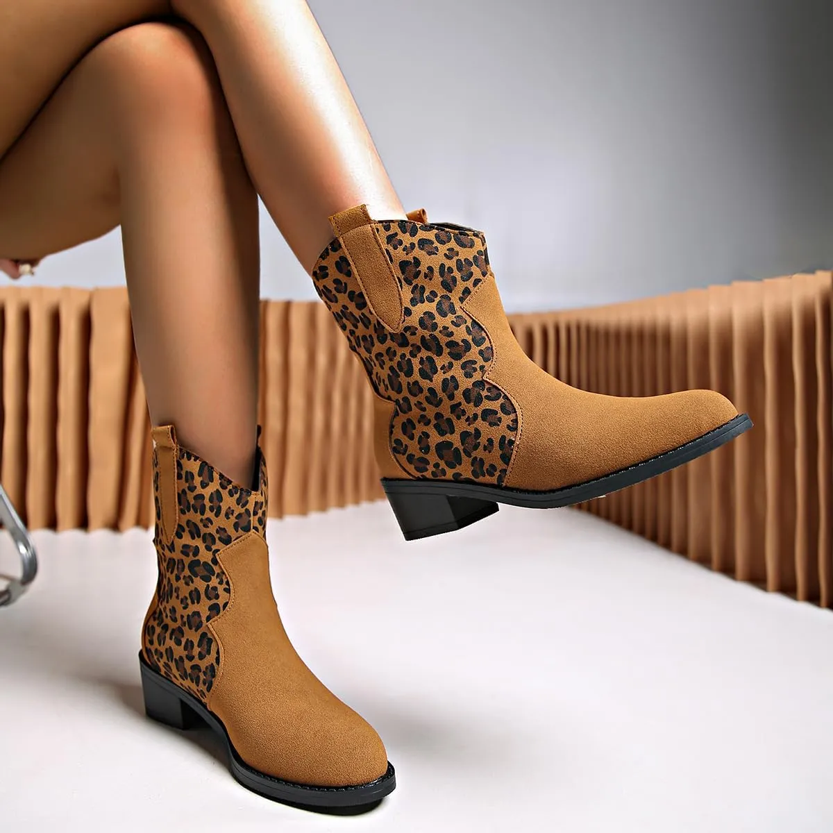 SACFOF Cowboy Boots for Women Booties Stitched Leopard Printed Ankle Cowgirl Short Western Boots