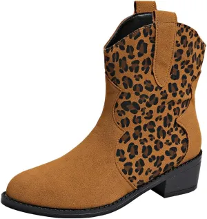 SACFOF Cowboy Boots for Women Booties Stitched Leopard Printed Ankle Cowgirl Short Western Boots