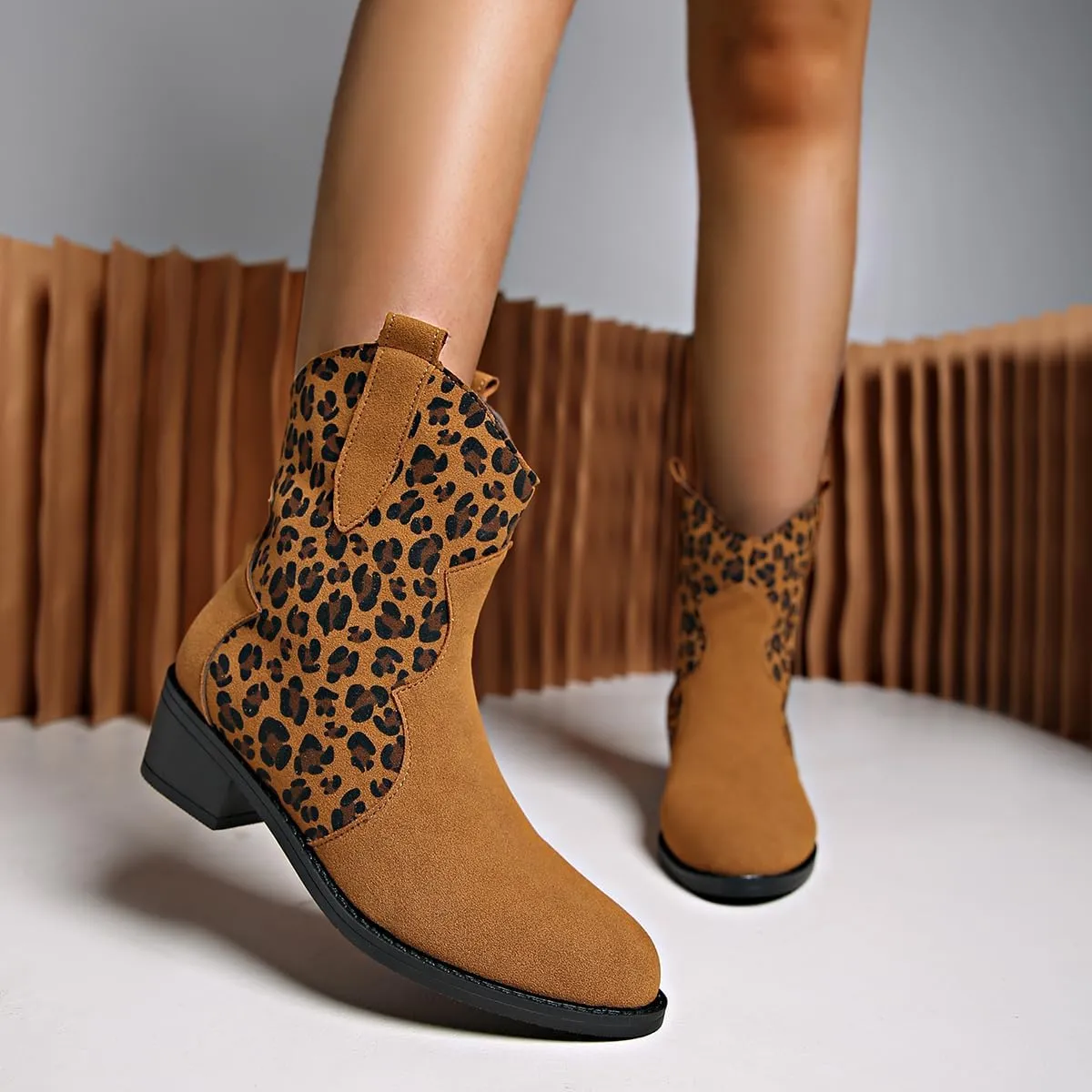 SACFOF Cowboy Boots for Women Booties Stitched Leopard Printed Ankle Cowgirl Short Western Boots