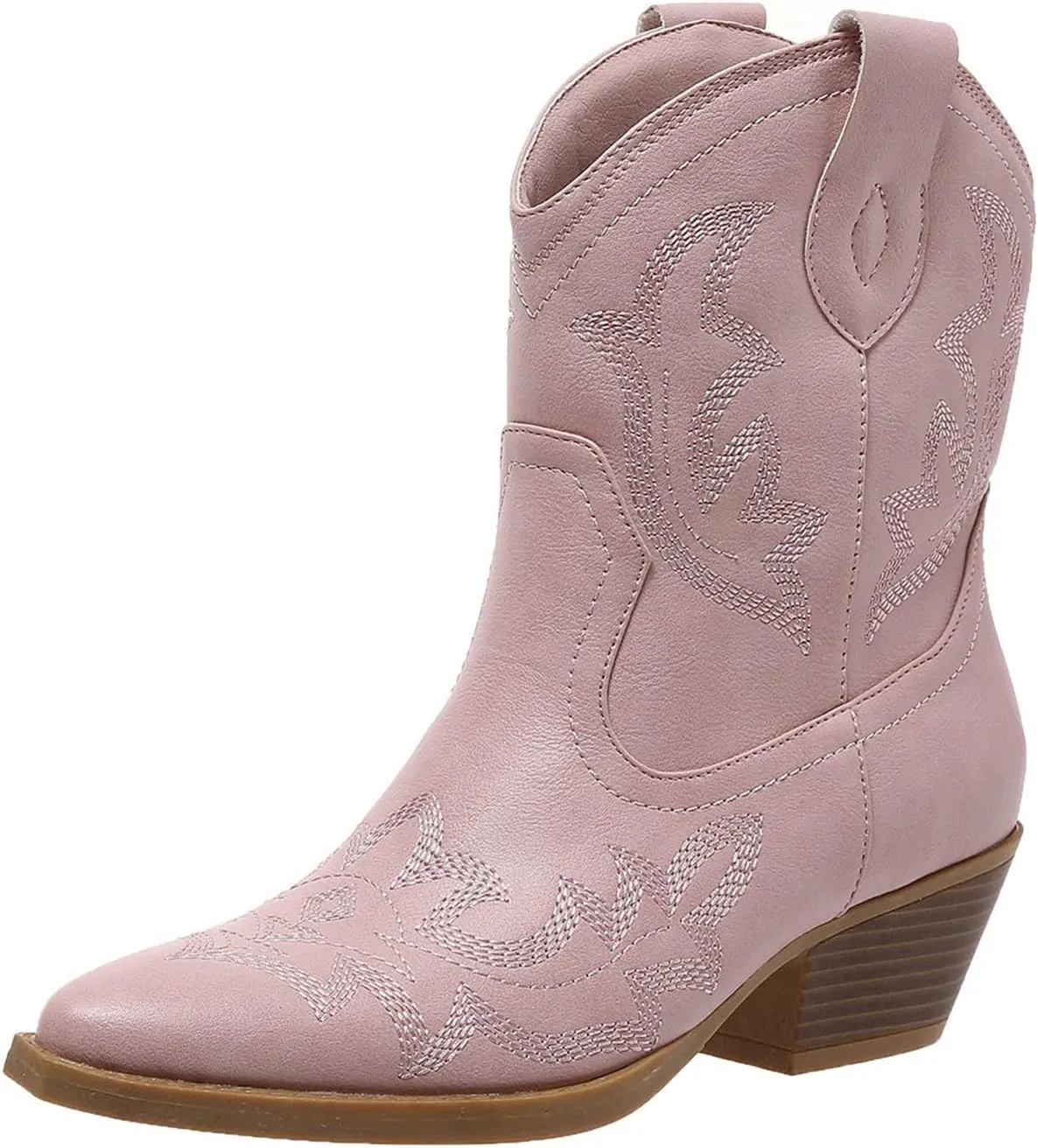 SACFOF Cowgirl Cowboy Boots for Women Wide Calf Western Ankle Boots Booties Stitched Embroidered Pointed Toe Short Chunky Heel Pull On Boots