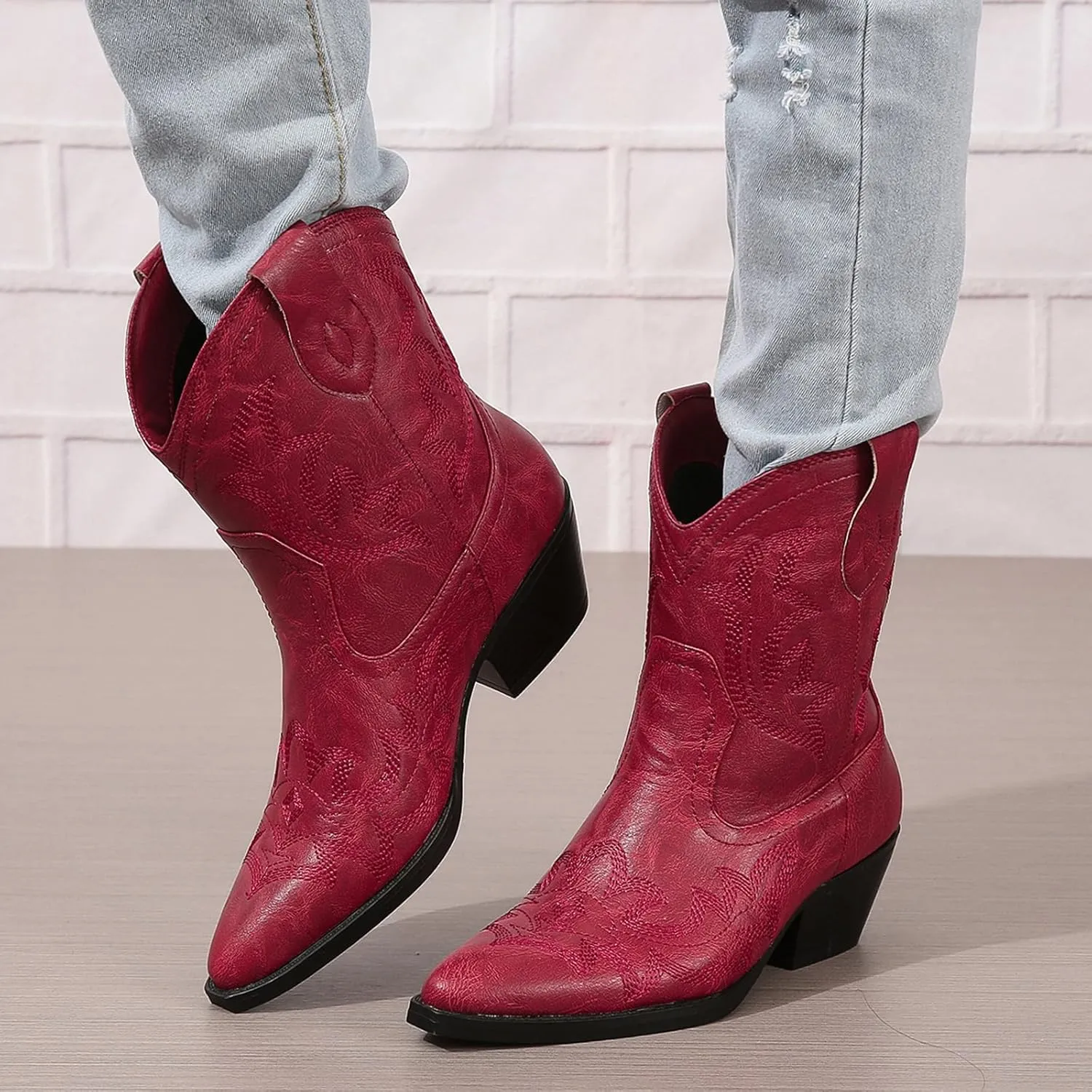 SACFOF Cowgirl Cowboy Boots for Women Wide Calf Western Ankle Boots Booties Stitched Embroidered Pointed Toe Short Chunky Heel Pull On Boots