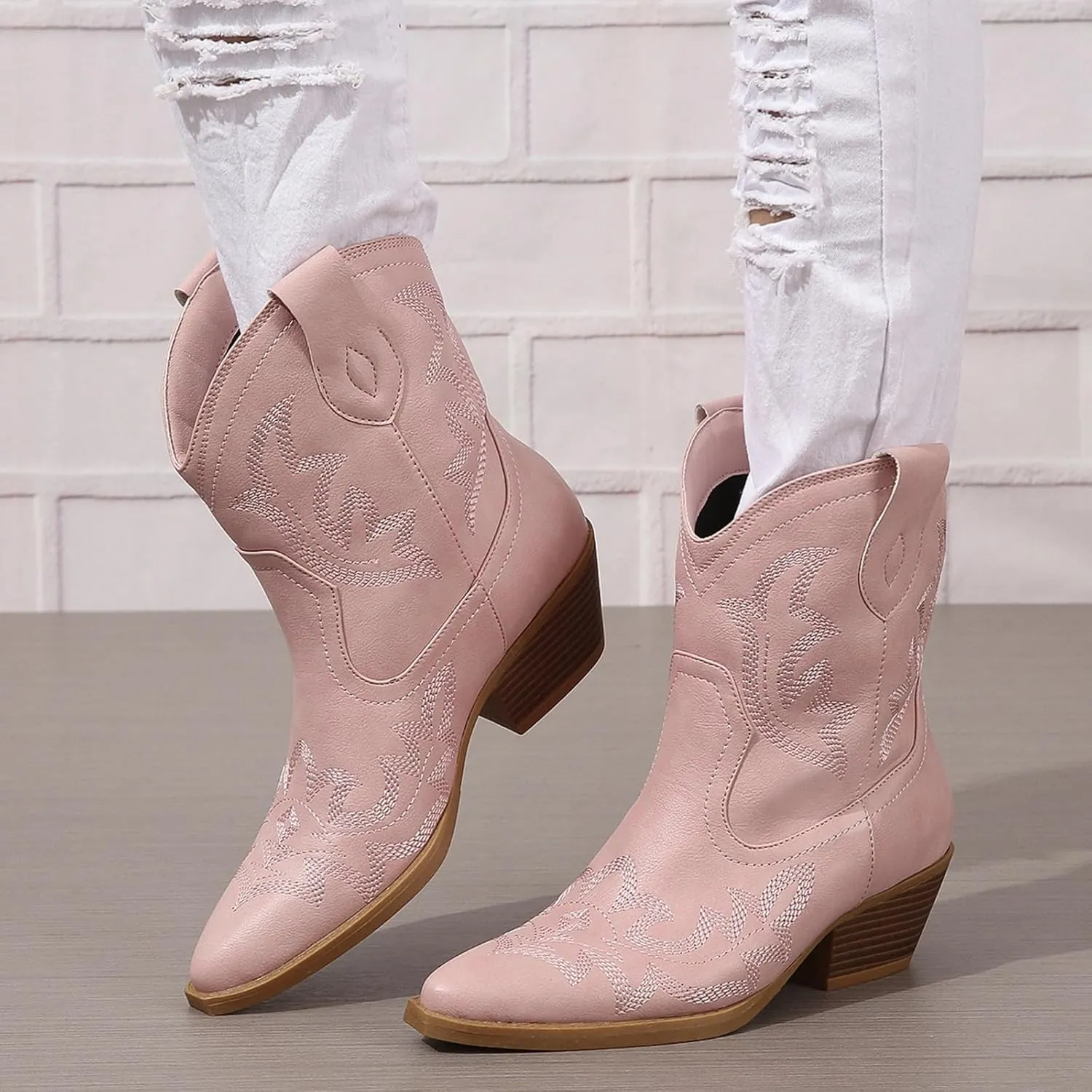 SACFOF Cowgirl Cowboy Boots for Women Wide Calf Western Ankle Boots Booties Stitched Embroidered Pointed Toe Short Chunky Heel Pull On Boots