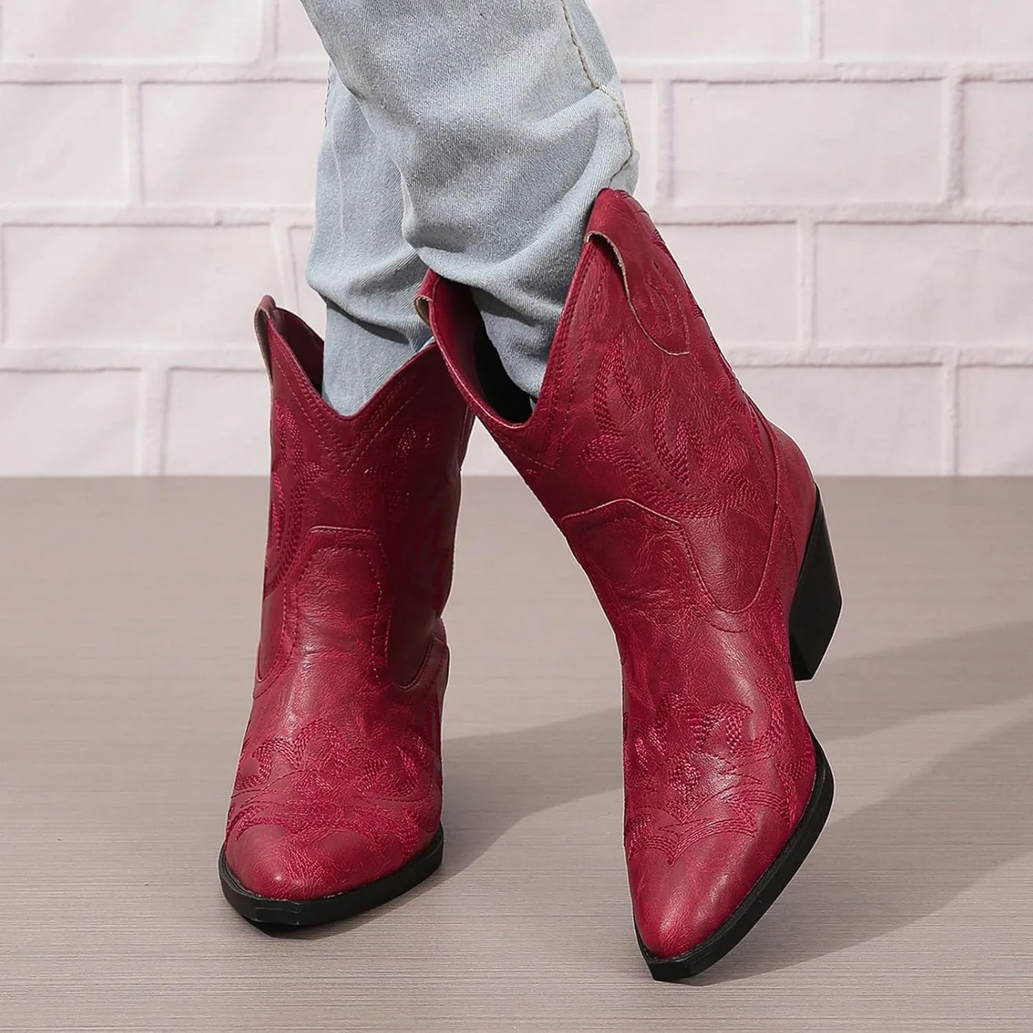 SACFOF Cowgirl Cowboy Boots for Women Wide Calf Western Ankle Boots Booties Stitched Embroidered Pointed Toe Short Chunky Heel Pull On Boots