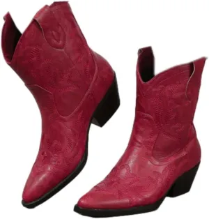 SACFOF Cowgirl Cowboy Boots for Women Wide Calf Western Ankle Boots Booties Stitched Embroidered Pointed Toe Short Chunky Heel Pull On Boots