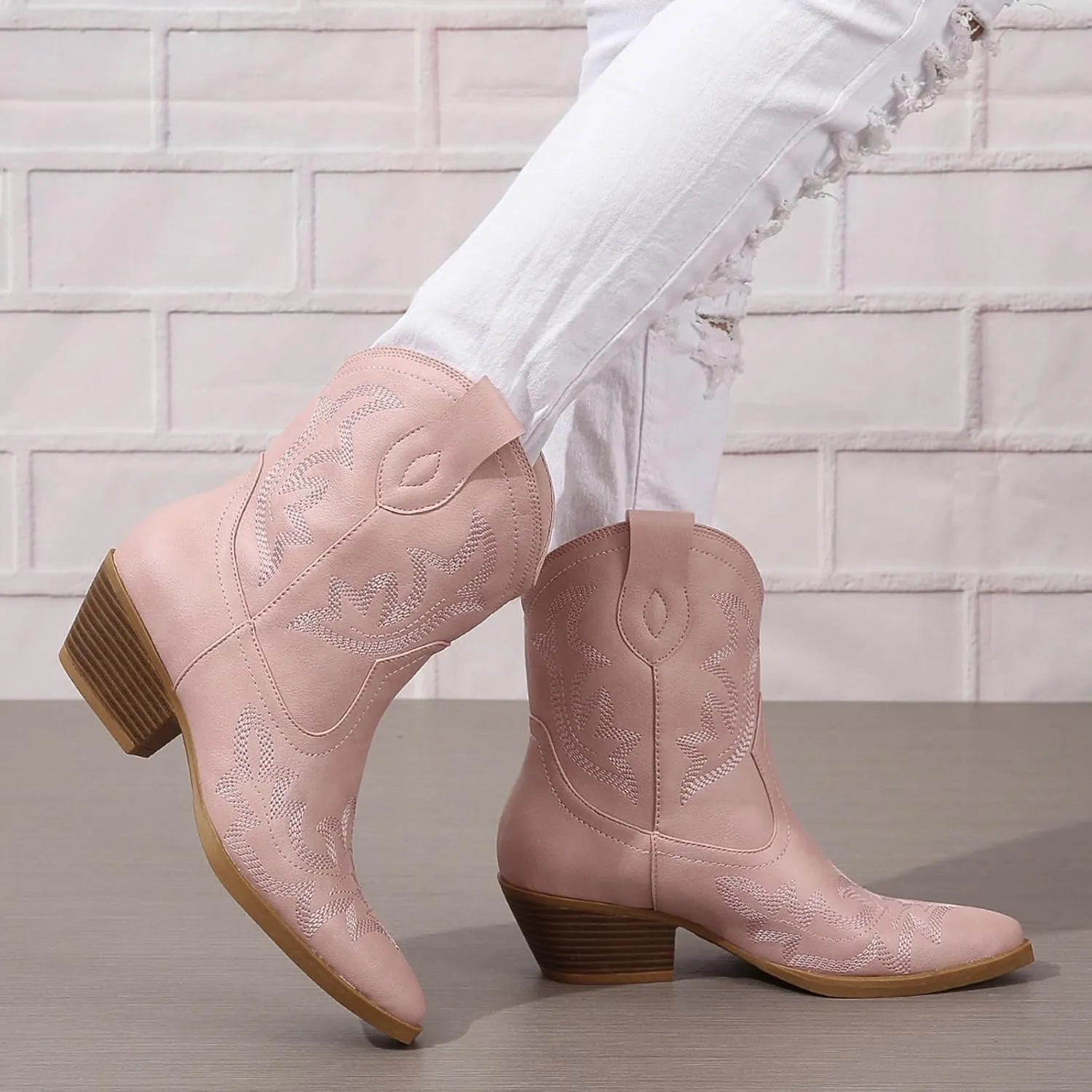 SACFOF Cowgirl Cowboy Boots for Women Wide Calf Western Ankle Boots Booties Stitched Embroidered Pointed Toe Short Chunky Heel Pull On Boots