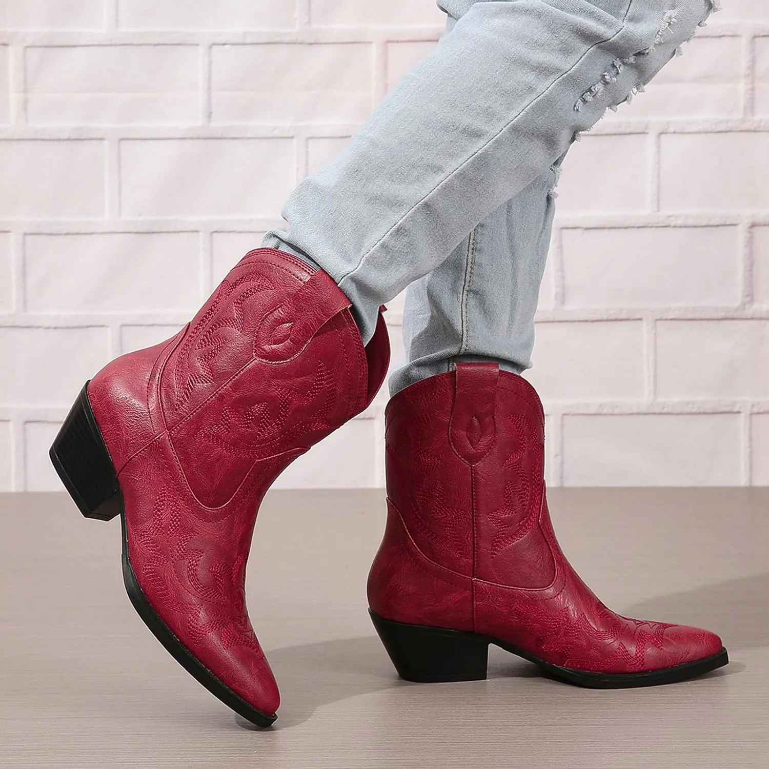 SACFOF Cowgirl Cowboy Boots for Women Wide Calf Western Ankle Boots Booties Stitched Embroidered Pointed Toe Short Chunky Heel Pull On Boots