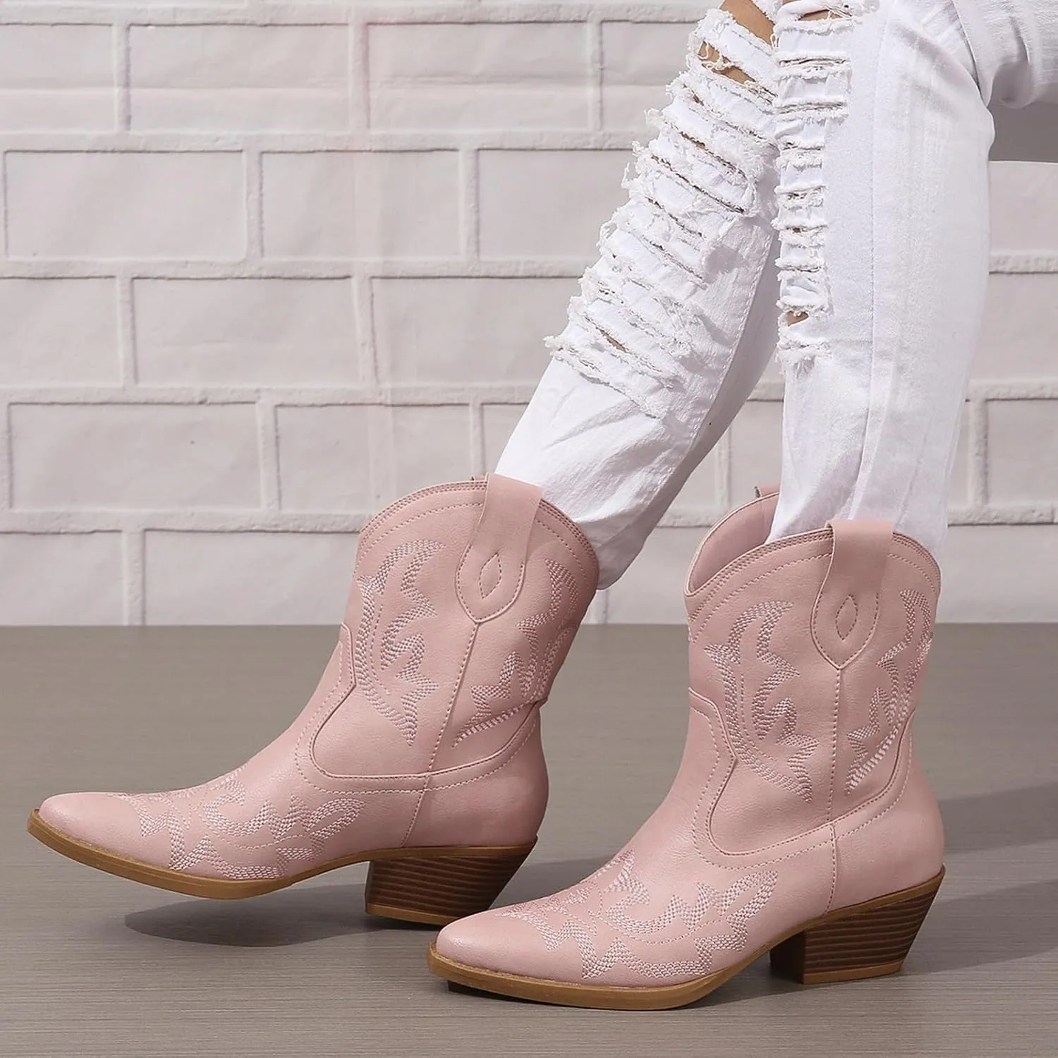 SACFOF Cowgirl Cowboy Boots for Women Wide Calf Western Ankle Boots Booties Stitched Embroidered Pointed Toe Short Chunky Heel Pull On Boots