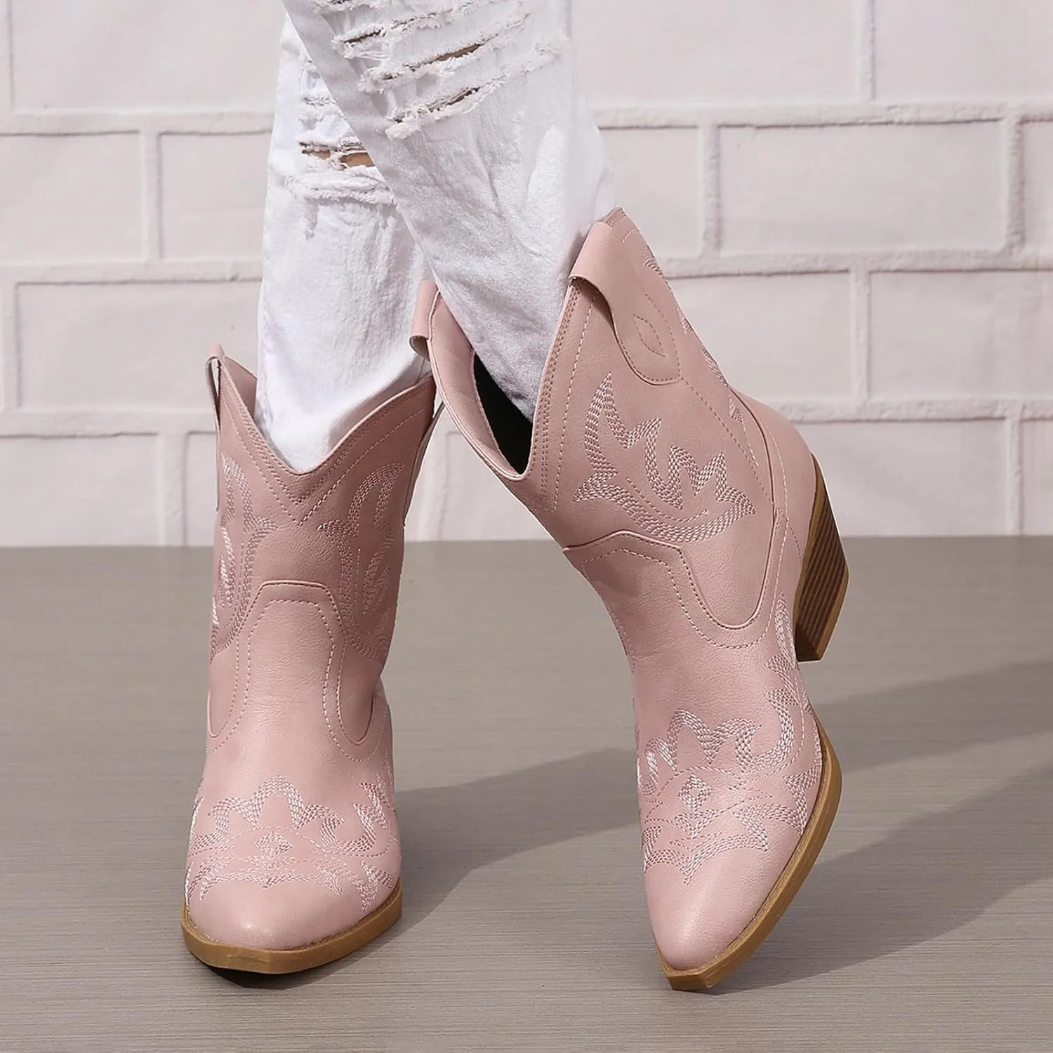 SACFOF Cowgirl Cowboy Boots for Women Wide Calf Western Ankle Boots Booties Stitched Embroidered Pointed Toe Short Chunky Heel Pull On Boots