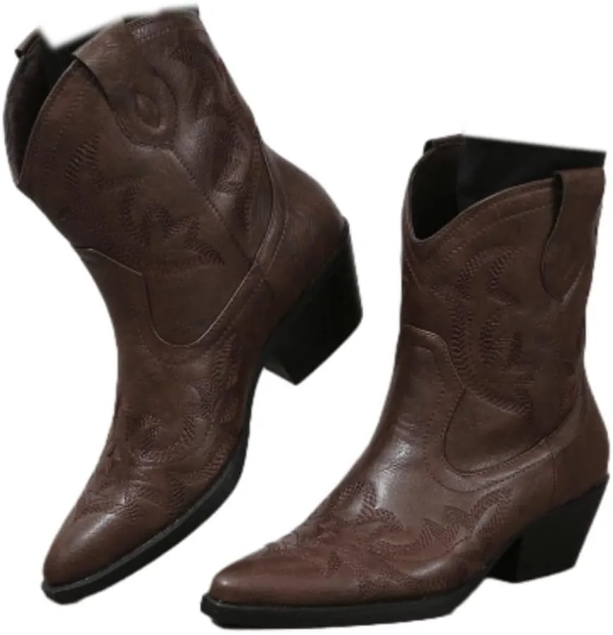 SACFOF Cowgirl Cowboy Boots for Women Wide Calf Western Ankle Boots Booties Stitched Embroidered Pointed Toe Short Chunky Heel Pull On Boots