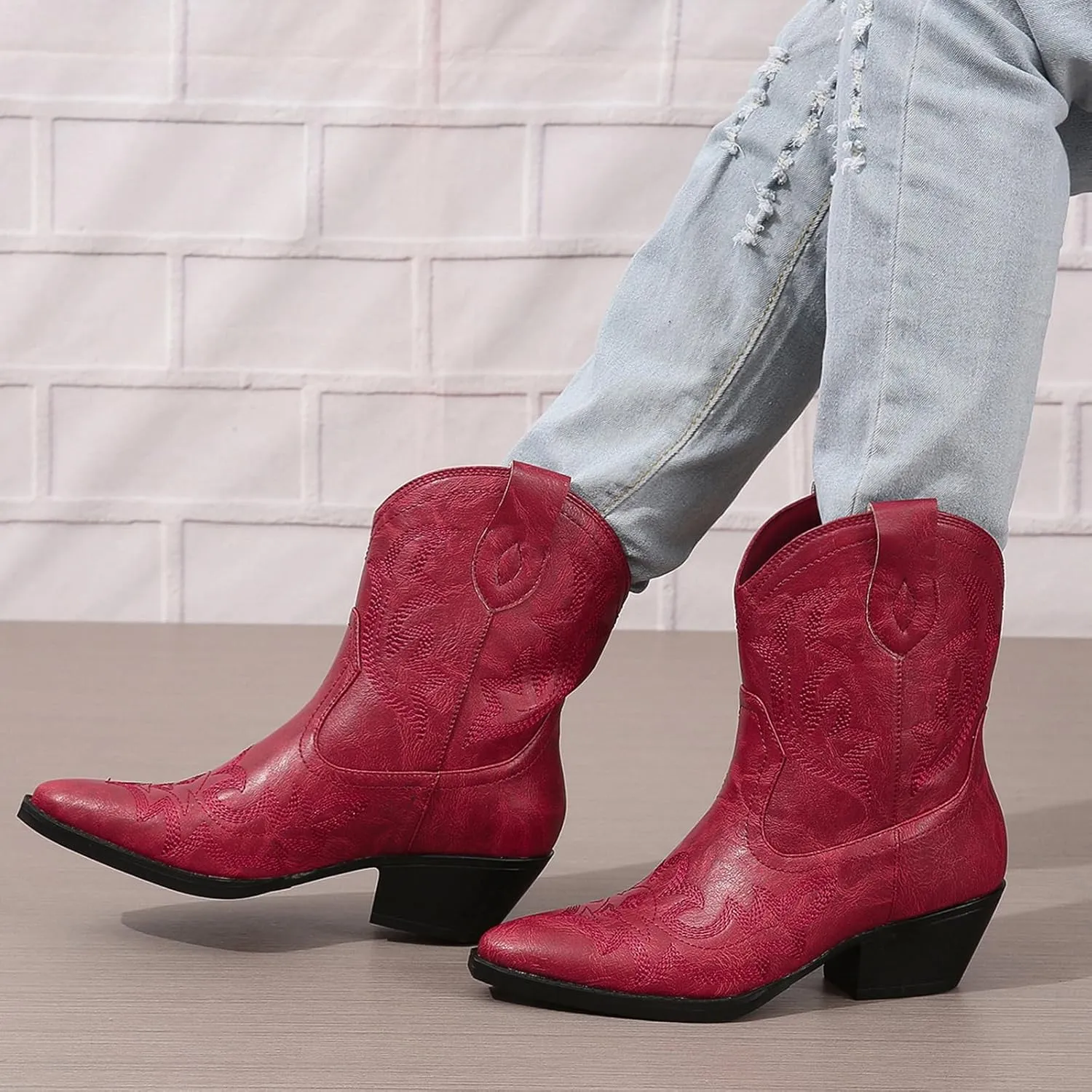 SACFOF Cowgirl Cowboy Boots for Women Wide Calf Western Ankle Boots Booties Stitched Embroidered Pointed Toe Short Chunky Heel Pull On Boots