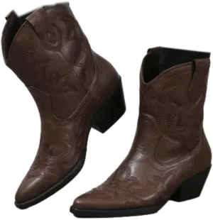 SACFOF Cowgirl Cowboy Boots for Women Wide Calf Western Ankle Boots Booties Stitched Embroidered Pointed Toe Short Chunky Heel Pull On Boots