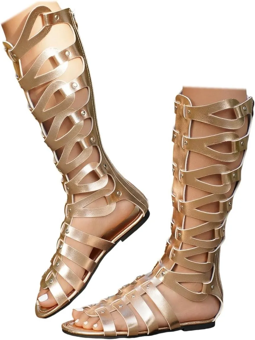 SACFOF Knee High Sandals for Women Gladiator Cut Out Summer Roman Boots Rivets Studded Strappy Zipper Sandals