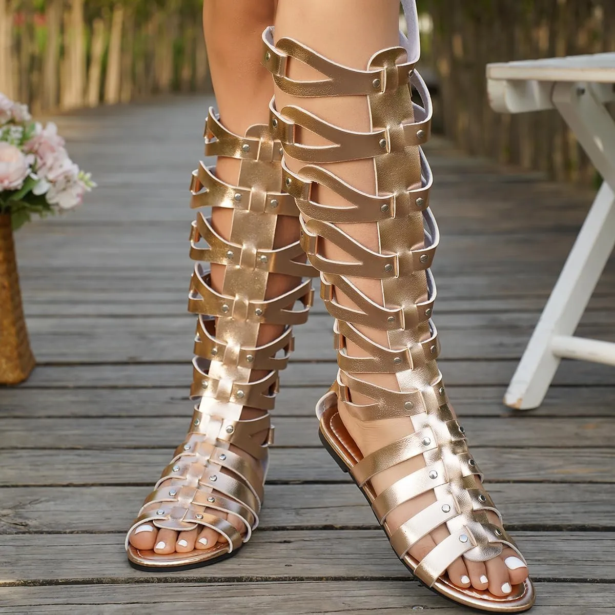 SACFOF Knee High Sandals for Women Gladiator Cut Out Summer Roman Boots Rivets Studded Strappy Zipper Sandals