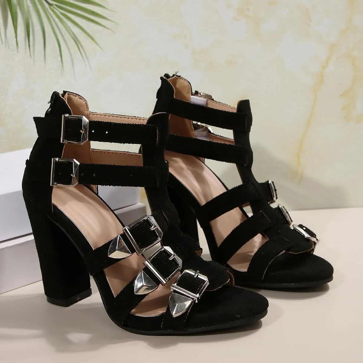 SACFOF Women Chunky Mid High Heel Sandals Open Toe T-Strap Pumps Cutout Dress Party Prom Office Shoes Back Zipper