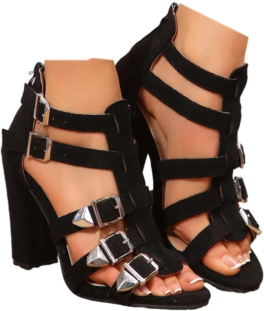 SACFOF Women Chunky Mid High Heel Sandals Open Toe T-Strap Pumps Cutout Dress Party Prom Office Shoes Back Zipper