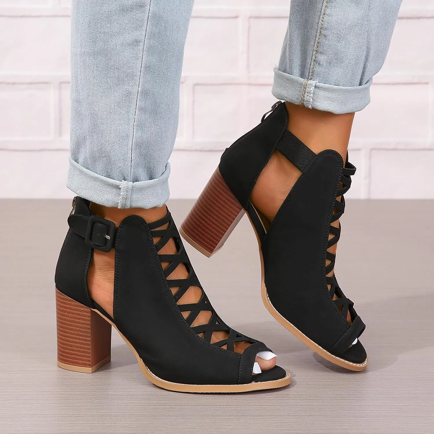 SACFOF Women Open Toe Crisscross High Heel Sandals Faux Suede Cutout Sandal with Adjustable Ankle Strap and Back Zipper