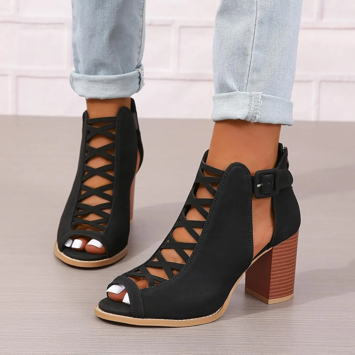 SACFOF Women Open Toe Crisscross High Heel Sandals Faux Suede Cutout Sandal with Adjustable Ankle Strap and Back Zipper
