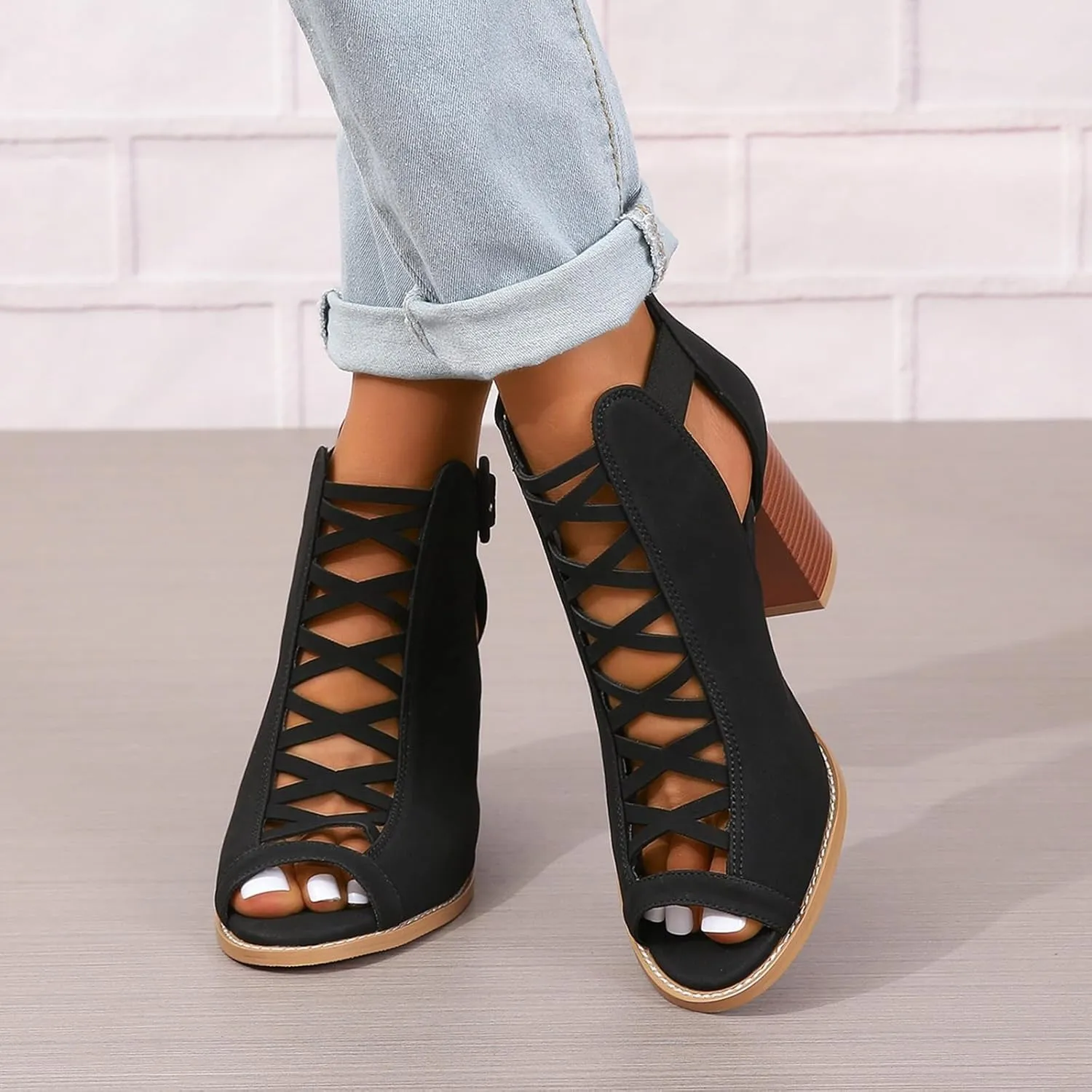 SACFOF Women Open Toe Crisscross High Heel Sandals Faux Suede Cutout Sandal with Adjustable Ankle Strap and Back Zipper