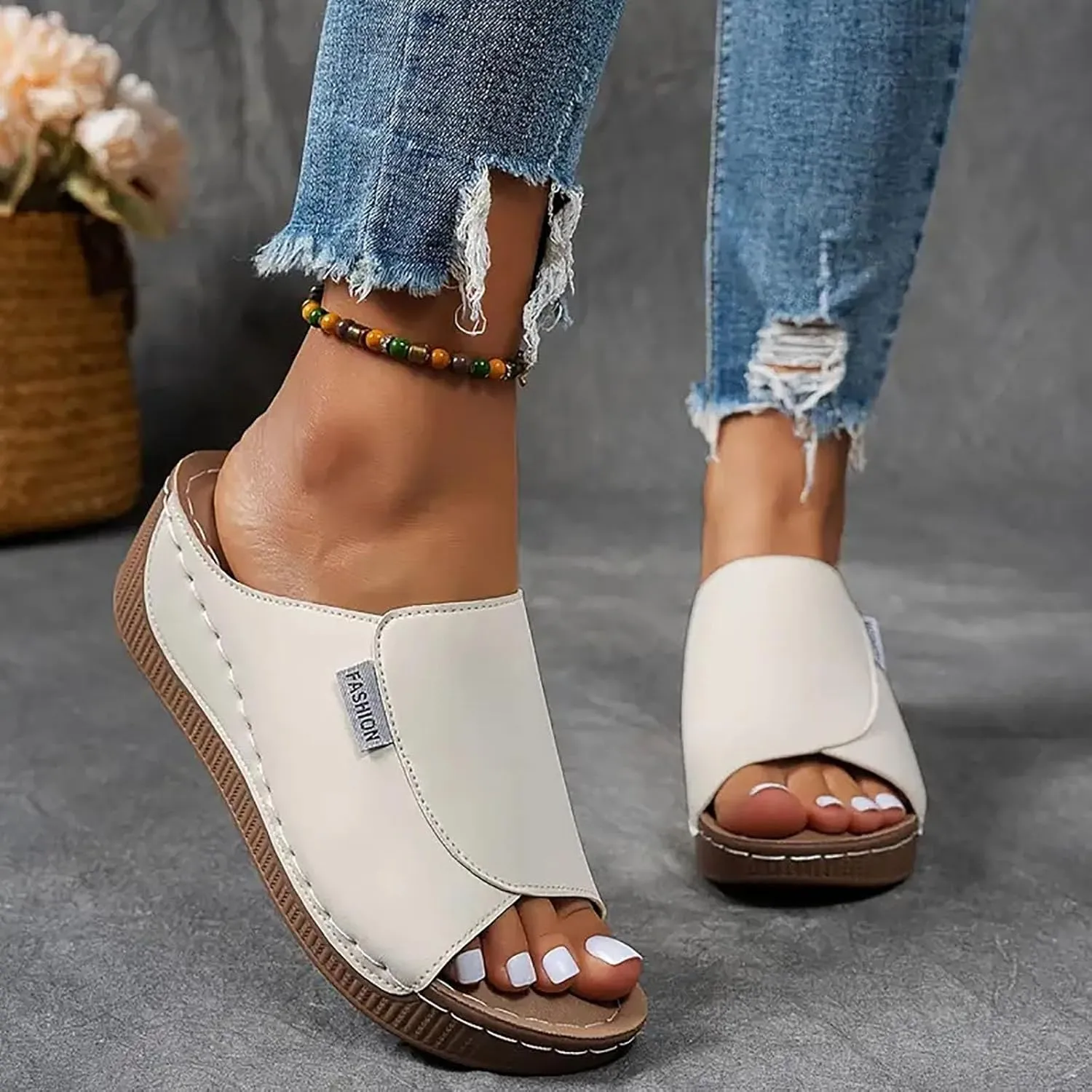 SACFOF Women Orthopedic Sandals Comfortable Arch Support Slides Summer Orthotic Platform Wedge Slip on Walking Casual Shoes