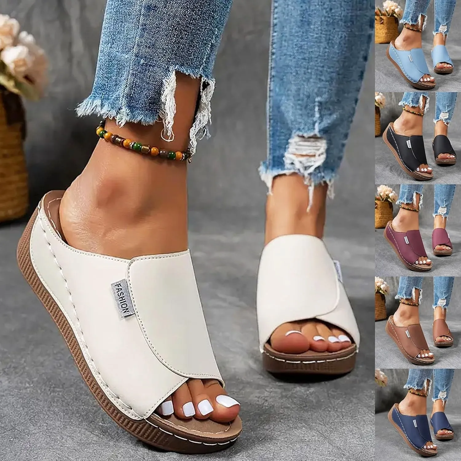 SACFOF Women Orthopedic Sandals Comfortable Arch Support Slides Summer Orthotic Platform Wedge Slip on Walking Casual Shoes