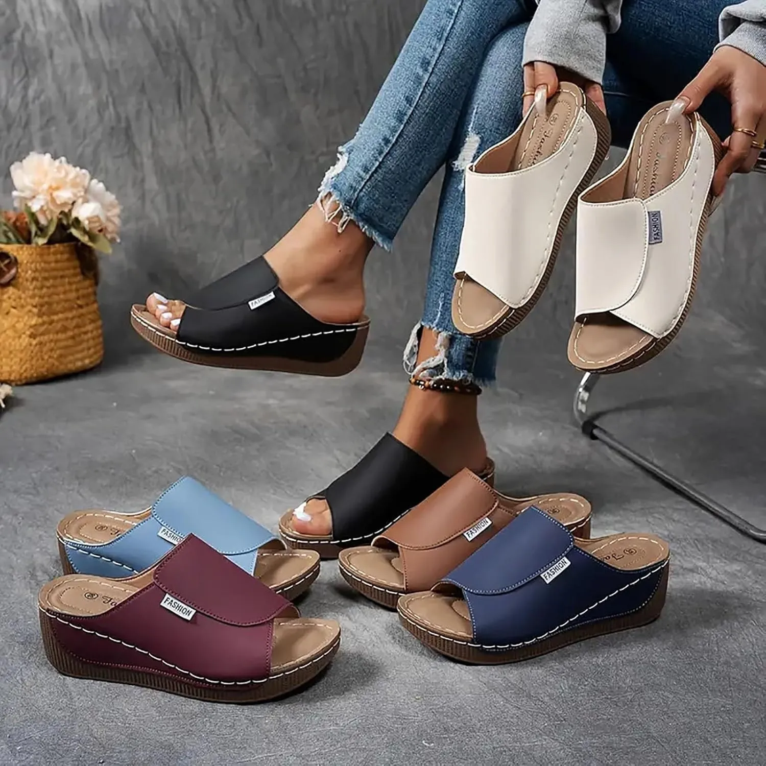 SACFOF Women Orthopedic Sandals Comfortable Arch Support Slides Summer Orthotic Platform Wedge Slip on Walking Casual Shoes