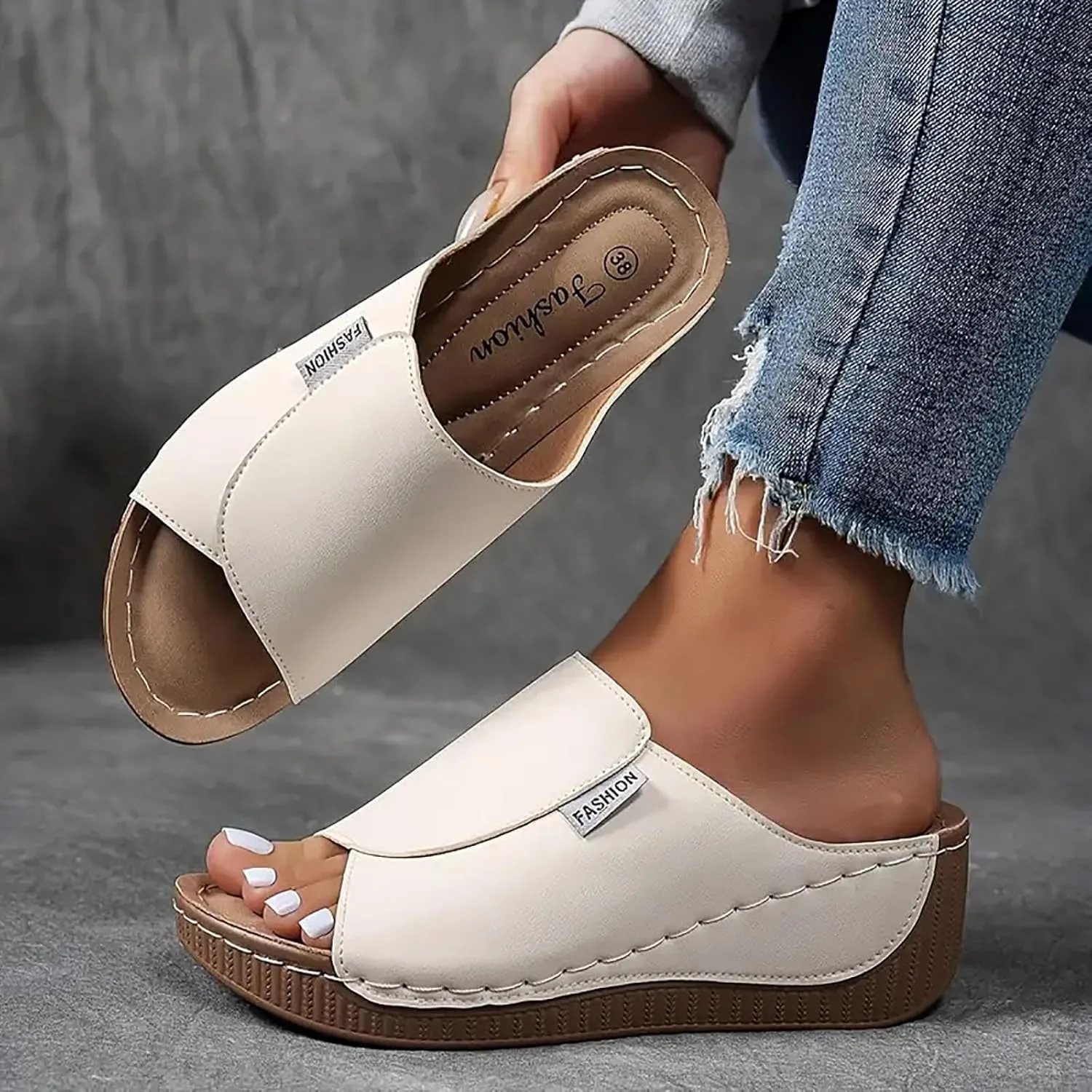 SACFOF Women Orthopedic Sandals Comfortable Arch Support Slides Summer Orthotic Platform Wedge Slip on Walking Casual Shoes