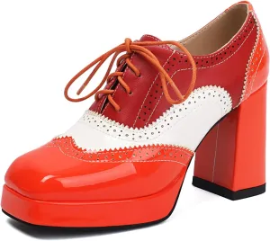 SACFOF Women Platform Oxford Shoes Lace Up Square Toe Wingtip Vintage Chunky Heel Ankle Booties Block High Heel Platform Pumps