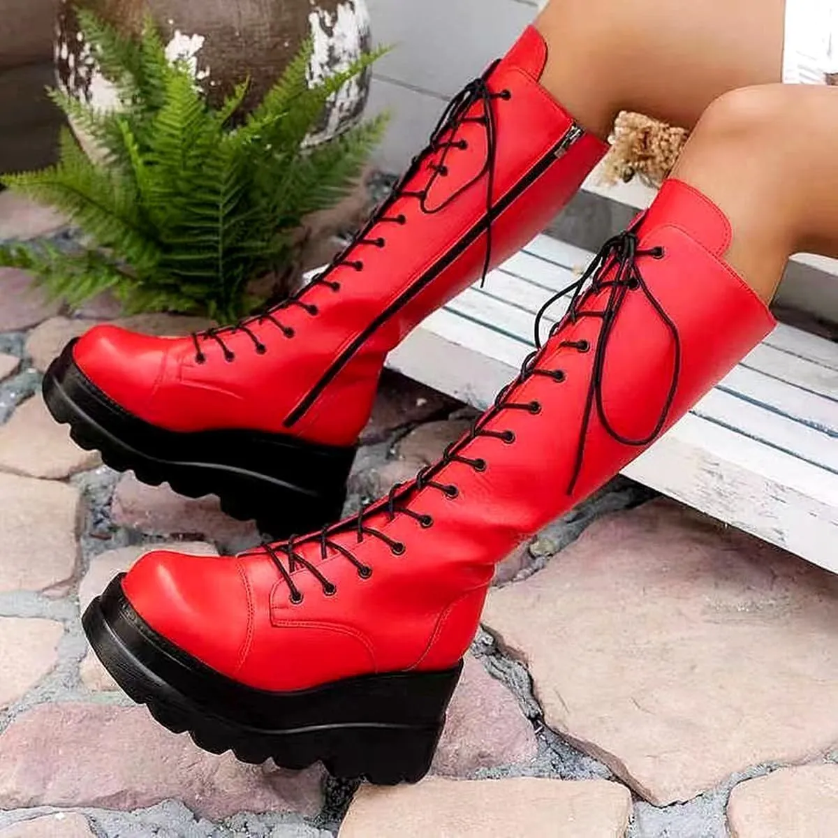 SACFOF Women Platform Punk Goth Mid Calf Boots Chunky High Heel Side Zip Butterfly Wings Knee High Motorcycle Combat Booties