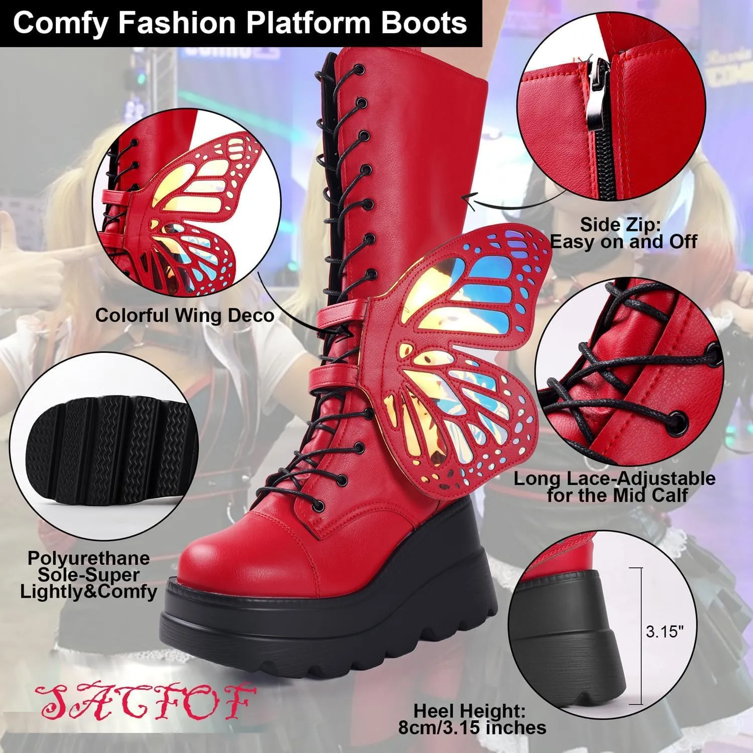 SACFOF Women Platform Punk Goth Mid Calf Boots Chunky High Heel Side Zip Butterfly Wings Knee High Motorcycle Combat Booties