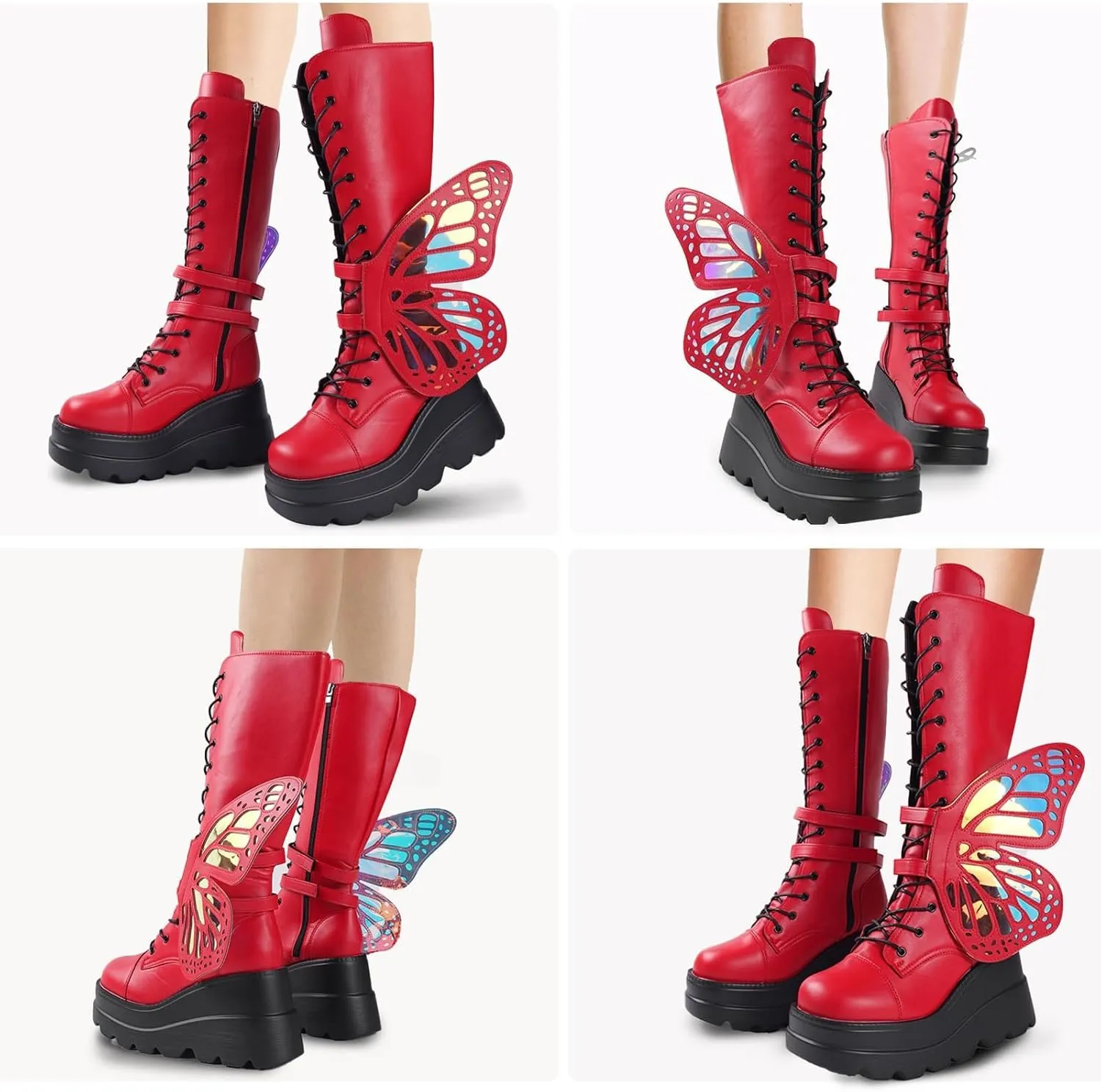 SACFOF Women Platform Punk Goth Mid Calf Boots Chunky High Heel Side Zip Butterfly Wings Knee High Motorcycle Combat Booties