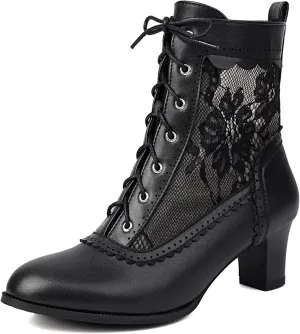 SACFOF Women Vintage Victorian Boots Kitten Heel Lace Up Ankle Booties Round Toe Wedding Mid Heel Victorian Shoes