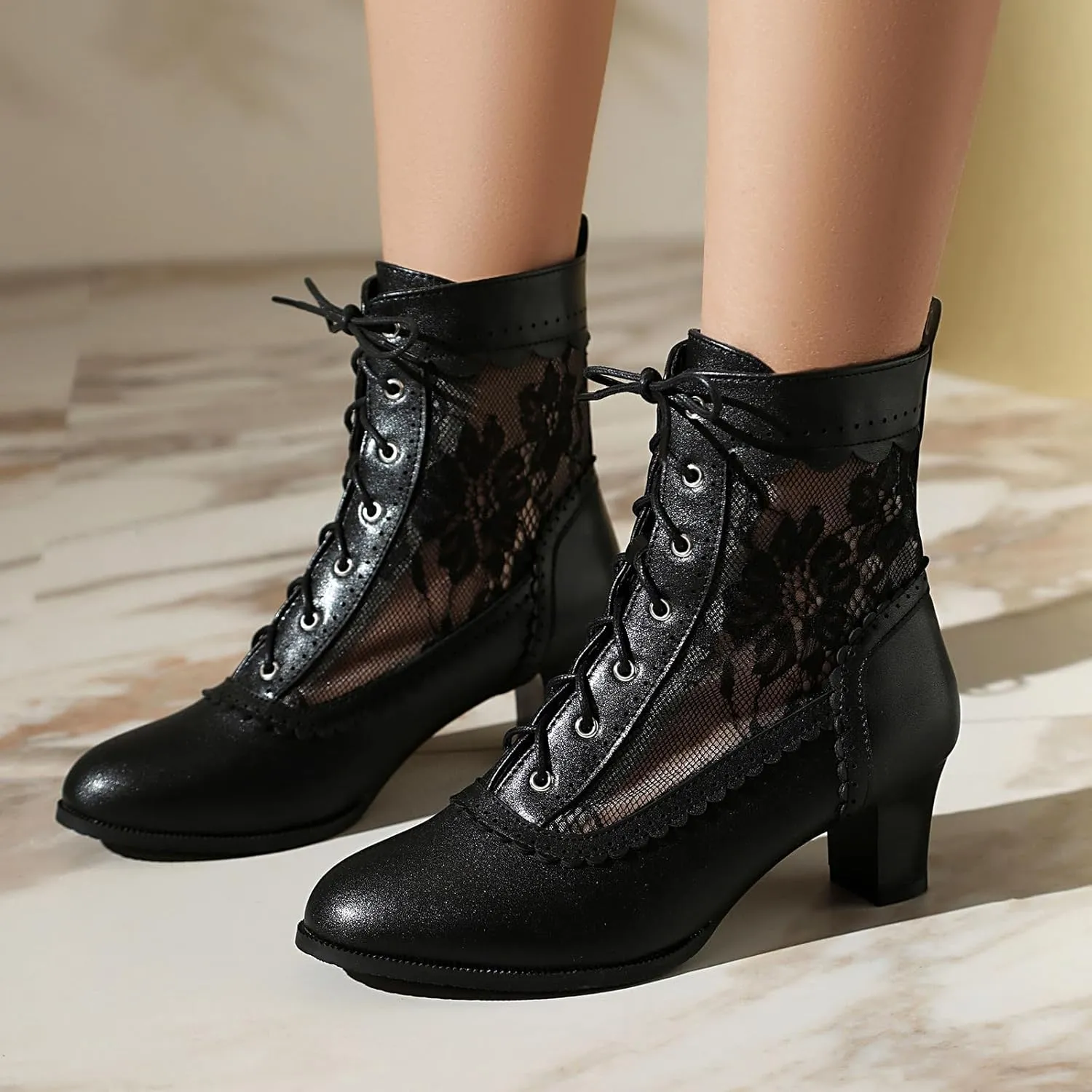 SACFOF Women Vintage Victorian Boots Kitten Heel Lace Up Ankle Booties Round Toe Wedding Mid Heel Victorian Shoes