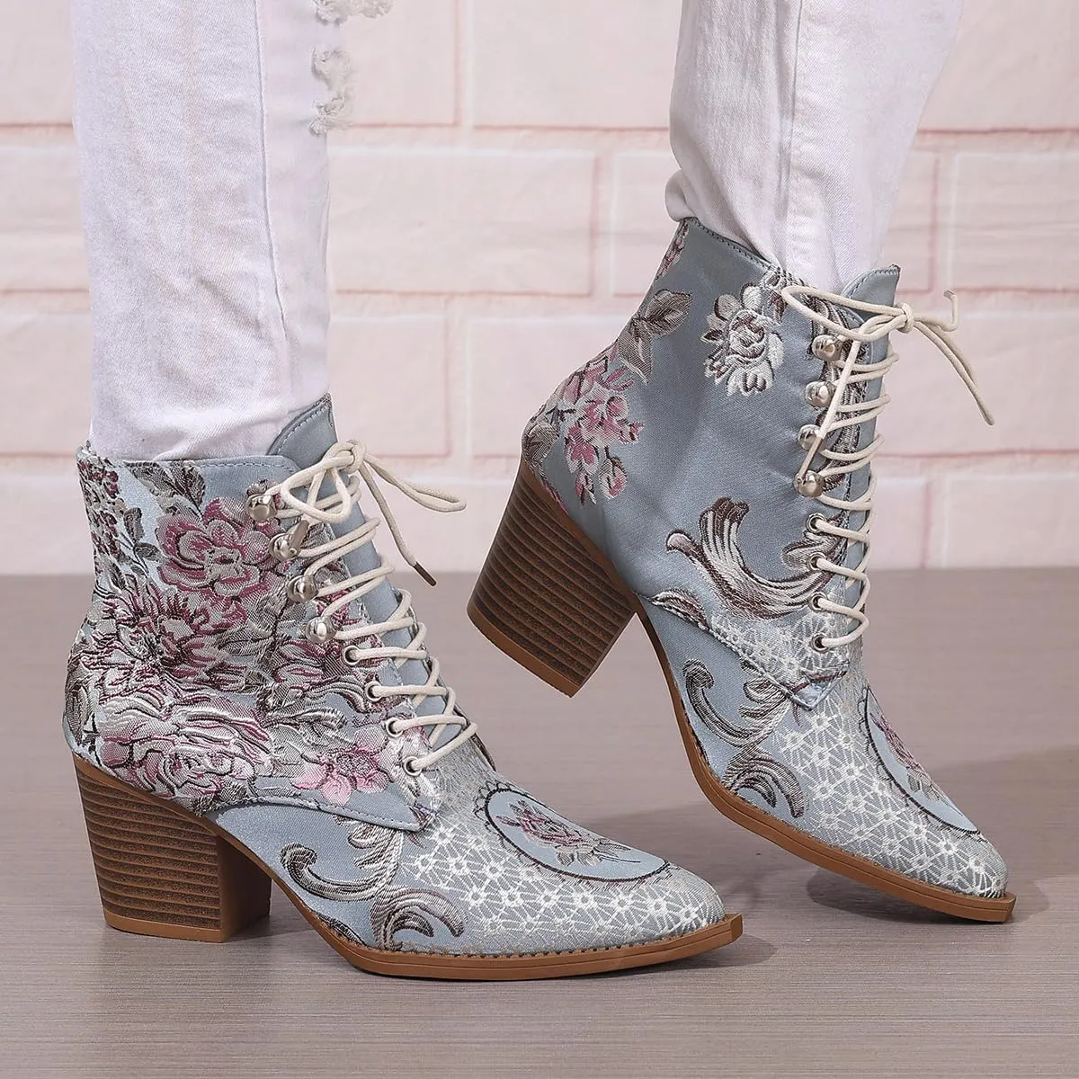 SACFOF Women's Ankle Boots Vintage Floral Embroidered Low Block Heel Pointed Toe Lace up Ankle Bootie Dress Short Booties