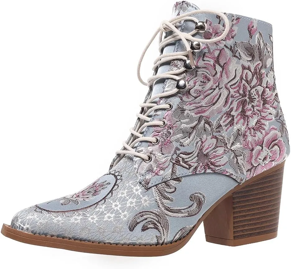 SACFOF Women's Ankle Boots Vintage Floral Embroidered Low Block Heel Pointed Toe Lace up Ankle Bootie Dress Short Booties