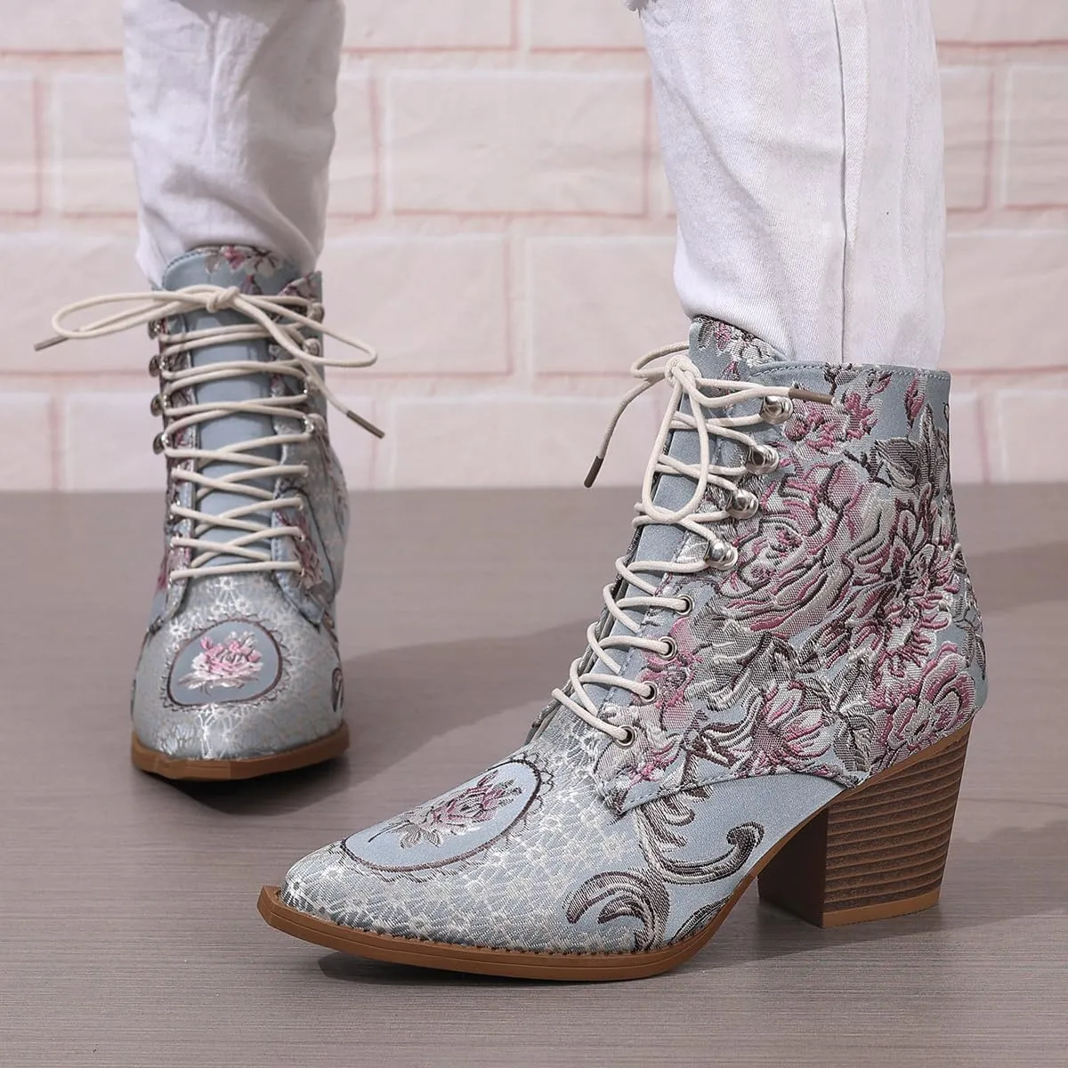 SACFOF Women's Ankle Boots Vintage Floral Embroidered Low Block Heel Pointed Toe Lace up Ankle Bootie Dress Short Booties