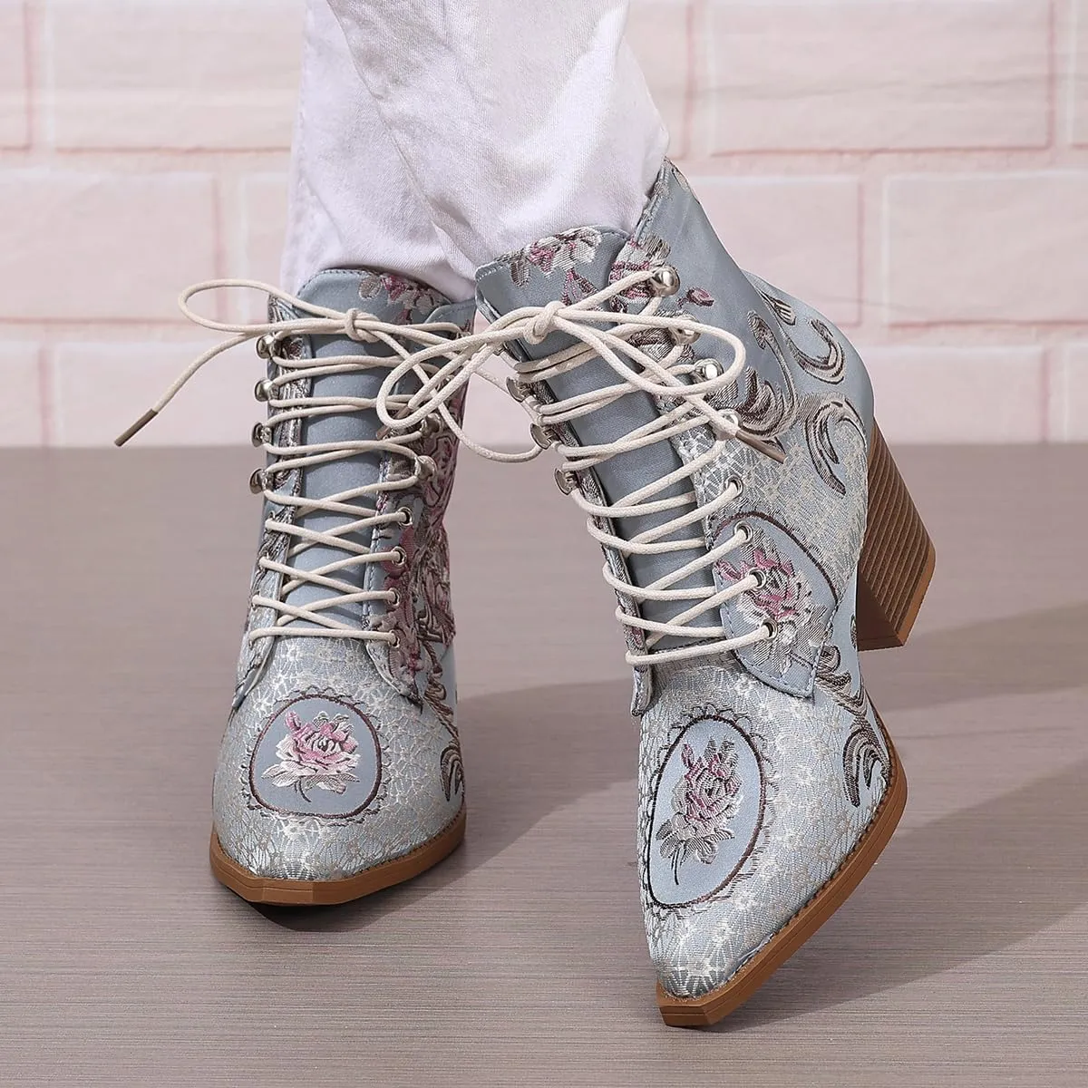 SACFOF Women's Ankle Boots Vintage Floral Embroidered Low Block Heel Pointed Toe Lace up Ankle Bootie Dress Short Booties