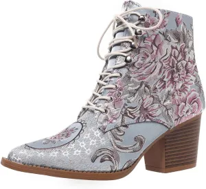 SACFOF Women's Ankle Boots Vintage Floral Embroidered Low Block Heel Pointed Toe Lace up Ankle Bootie Dress Short Booties