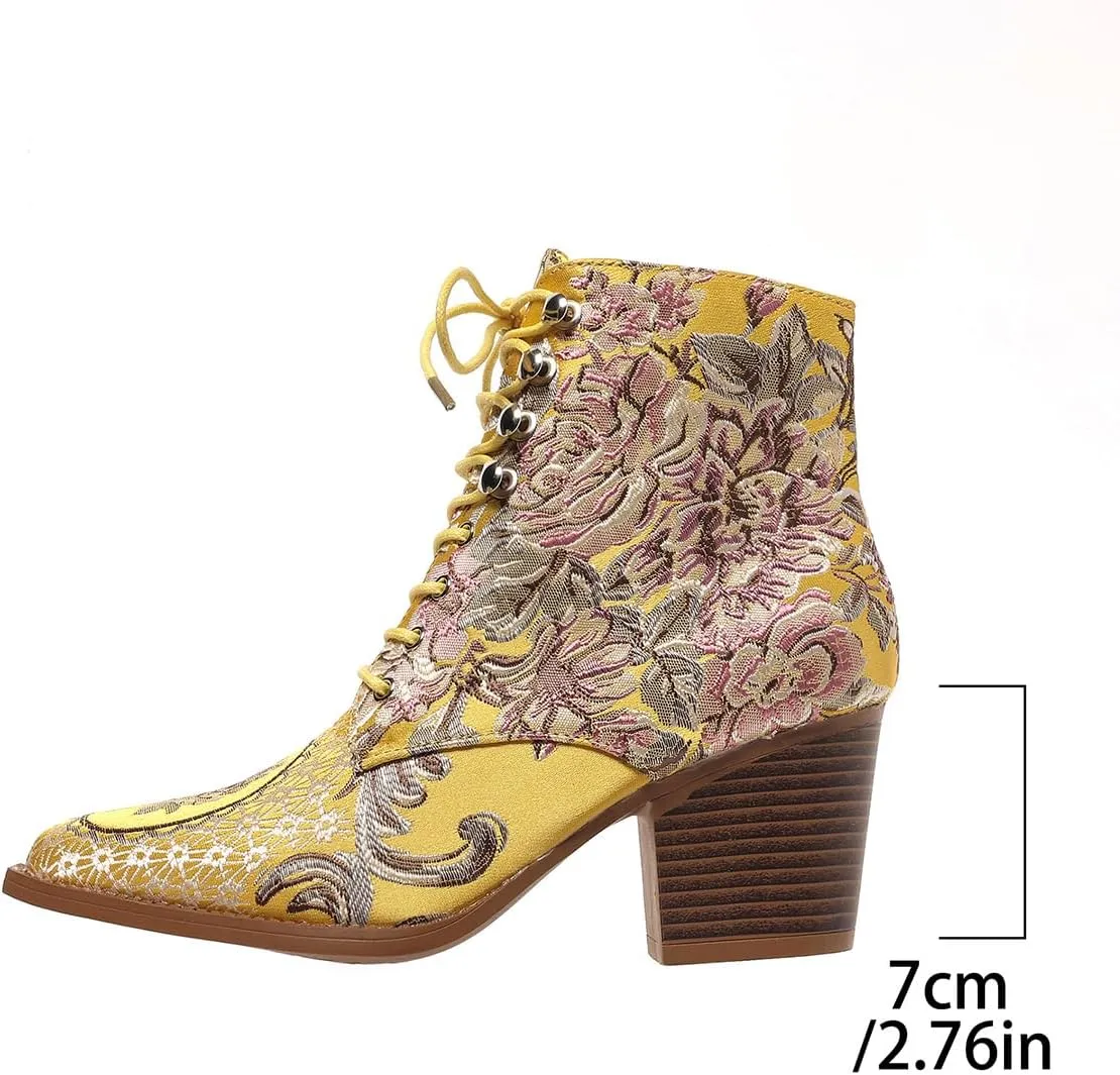 SACFOF Women's Ankle Boots Vintage Floral Embroidered Low Block Heel Pointed Toe Lace up Ankle Bootie Dress Short Booties