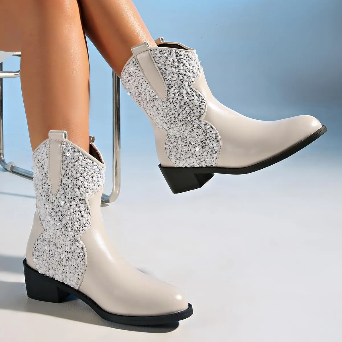 SACFOF Womens Cowboy Boots Pointed Toe Glitter Chunky Block Heel Sparkly Cowgirl Western Ankle Booties