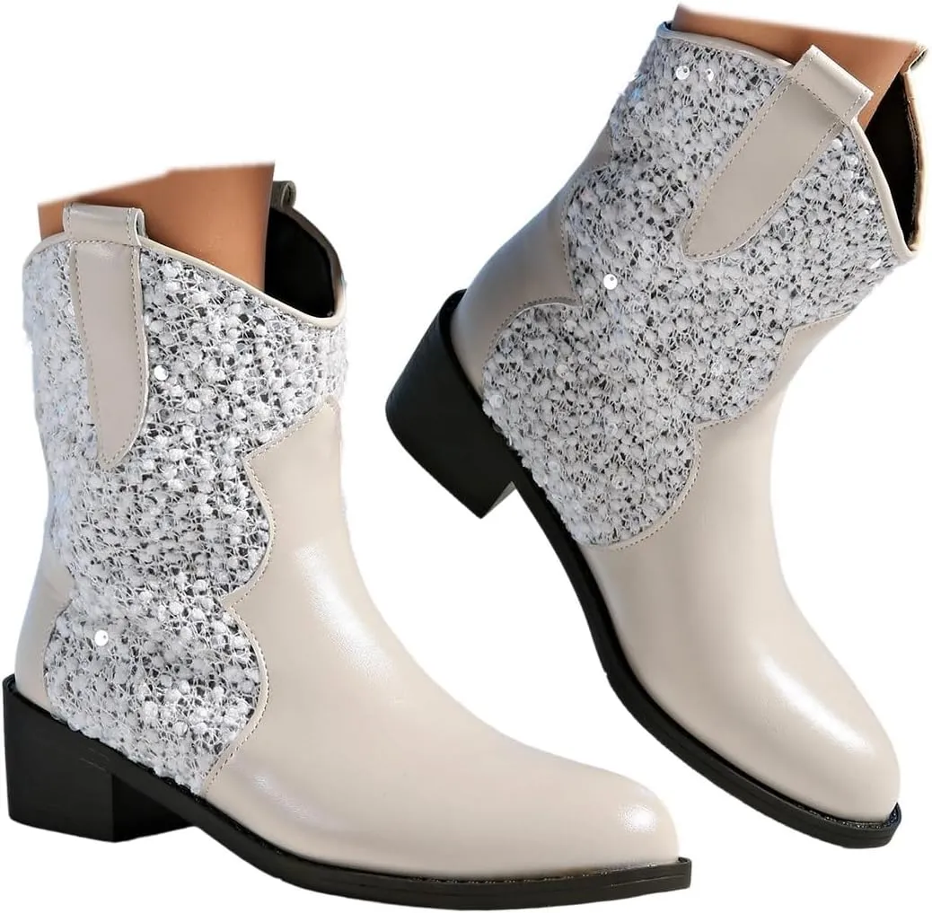 SACFOF Womens Cowboy Boots Pointed Toe Glitter Chunky Block Heel Sparkly Cowgirl Western Ankle Booties