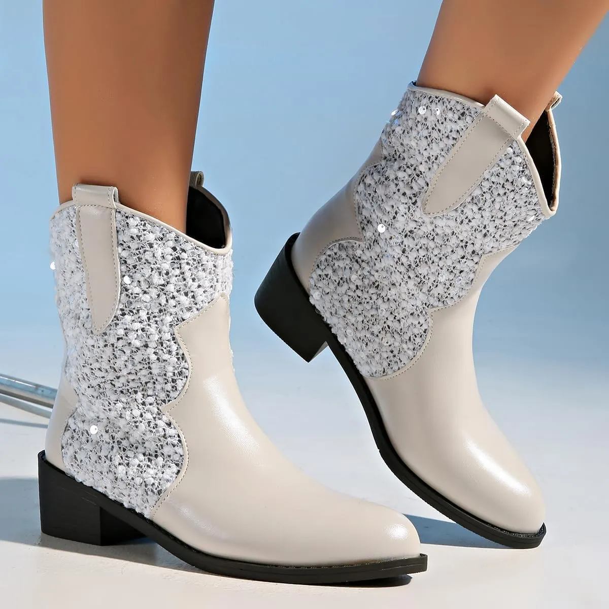 SACFOF Womens Cowboy Boots Pointed Toe Glitter Chunky Block Heel Sparkly Cowgirl Western Ankle Booties