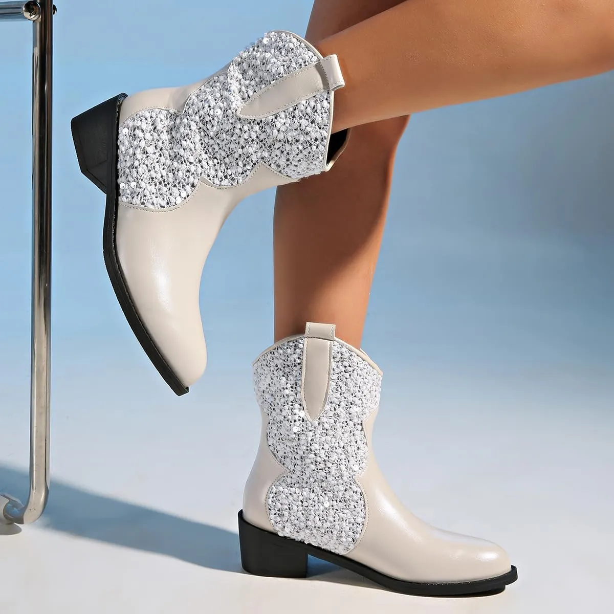 SACFOF Womens Cowboy Boots Pointed Toe Glitter Chunky Block Heel Sparkly Cowgirl Western Ankle Booties