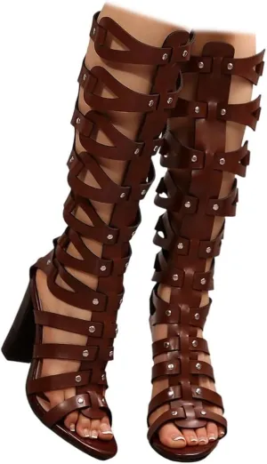 SACFOF Womens Gladiator Sandals Studs Open Toe Chunky High Heel Roman Zipper Sandals Summer Knee High Booties