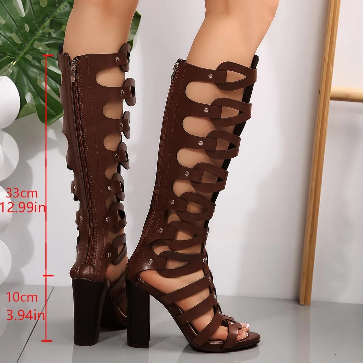SACFOF Womens Gladiator Sandals Studs Open Toe Chunky High Heel Roman Zipper Sandals Summer Knee High Booties