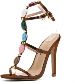 SACFOF Women's Jeweled Ankle Strap Stiletto Heels Sandals Open Toe Strappy Gladiator High Heels Sandals for Wedding Party Dress
