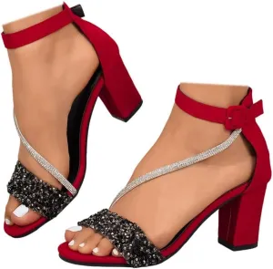 SACFOF Women's Low Chunky Heels Dress Pump Sandals Rhinestone Cross Ankle Strap Wedding Block Heeled Sandals