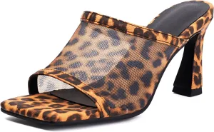 SACFOF Women's Mesh Heeled Sandals Peep Toe Leopard Print Slip on Square Toe Heeled Mules Backless Dressy Sexy Slide Sandals