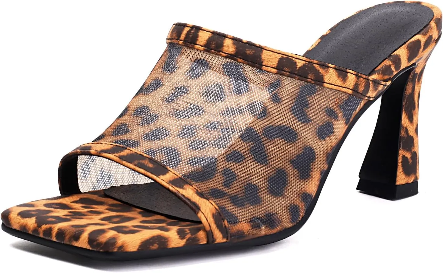 SACFOF Women's Mesh Heeled Sandals Peep Toe Leopard Print Slip on Square Toe Heeled Mules Backless Dressy Sexy Slide Sandals