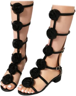 SACFOF Women's Open Toe Strappy Sandals Summer Flower Knee High Gladiator Roman Sandals Strap Buckle Roman Boots with Zipper