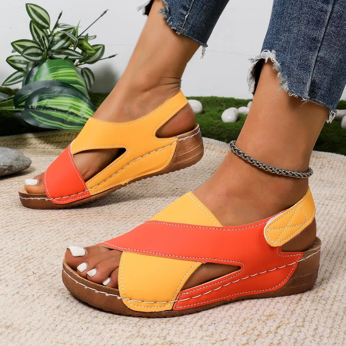 SACFOF Womens Orthopedic Sandals Summer Color Block Arch Support Shoes Casual Ankle Strap Slingback Comfortable Dress Shoes